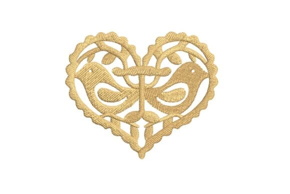 Ornate Golden Heart with Lovebirds Folk Art